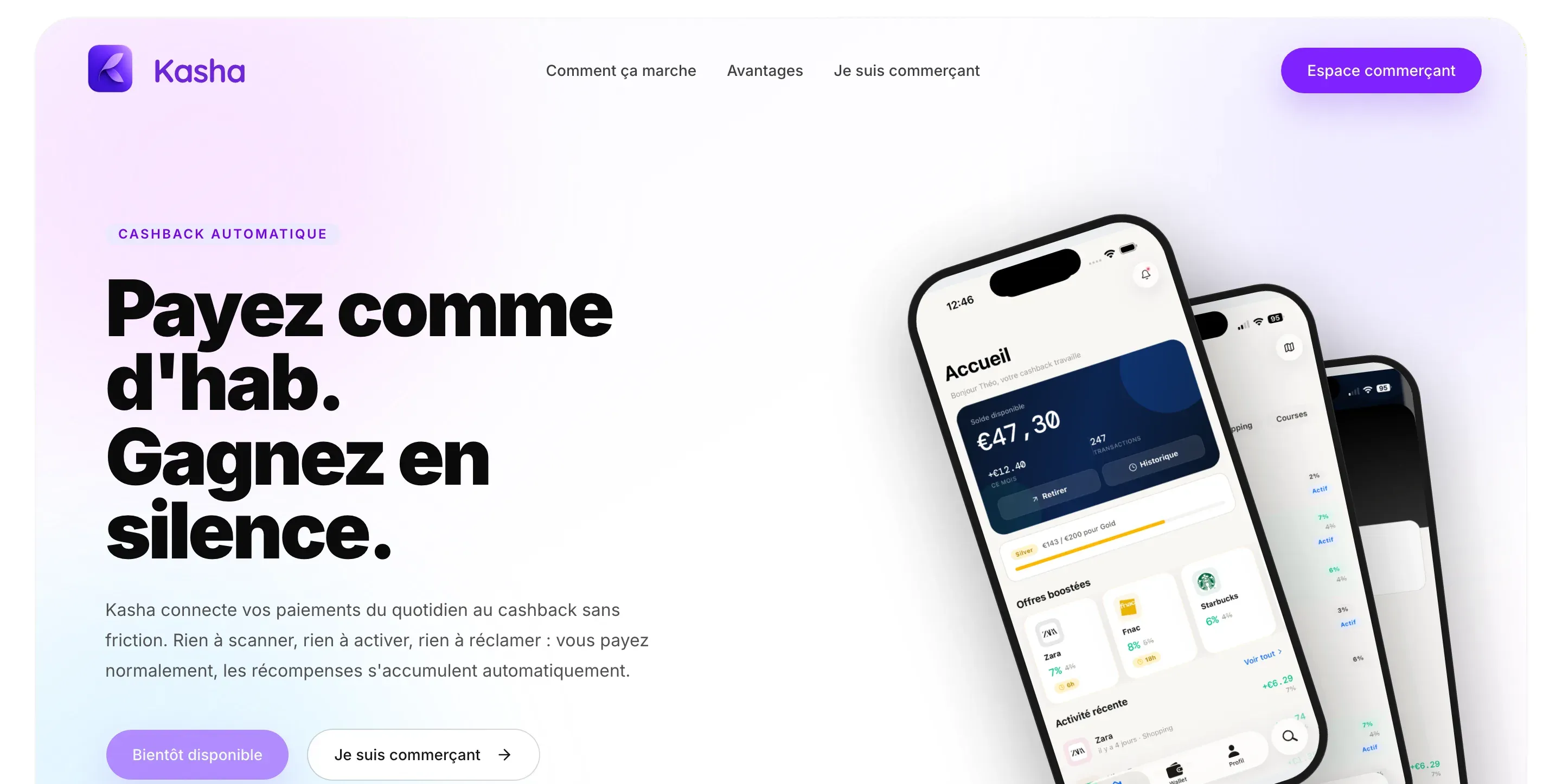 Le site de Kasha, sur un écran d’ordinateur et sur un téléphone : « Payez comme d’hab. Gagnez en silence. » sur un dégradé violet.