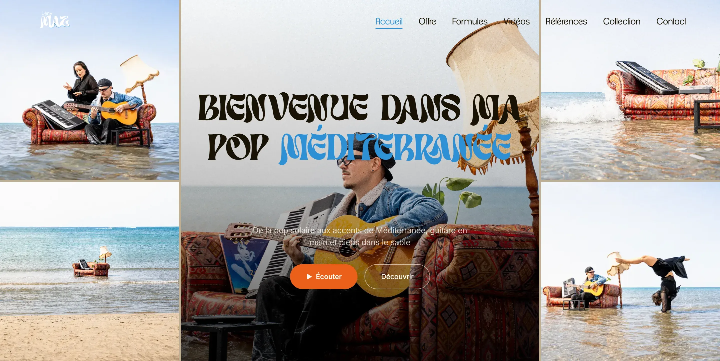 Le site de Lény Maz, sur un écran d’ordinateur et sur un téléphone : un lettrage d’affiche « Bienvenue dans ma Pop Méditerranée », un musicien guitare en main, et deux boutons — écouter, découvrir.